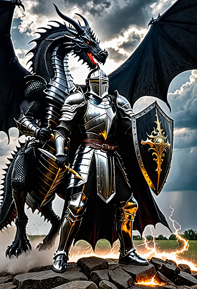 gothic black knight protecting himself with shield from dragon shooting lightening