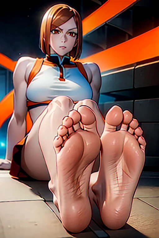 nobara, brown bob hair, orange eyes, long eyelashes, unparalleled beauty, extremely long soles, titan soles, titan feet, extremely long feet, super long soles and toes, correct foot anatomy, correct body anatomy, perfect body, perfect feet