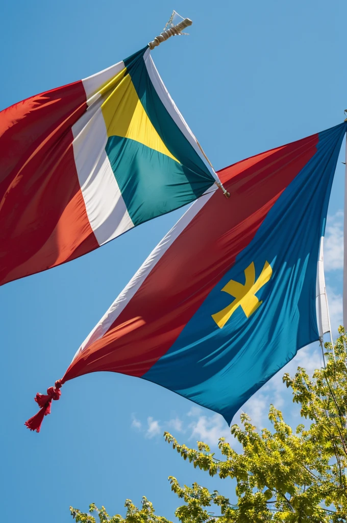 Le drapeau est tricolore avec une bande rouge en haut, une bande bleu turquoise au milieu et une bande jaune en bas. Au centre du drapeau se trouve une étoile blanche, positionnée sur la bande bleu turquoise.