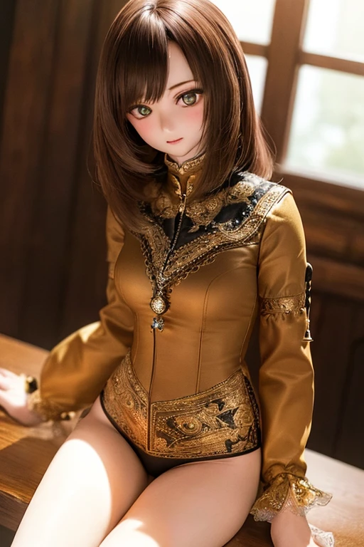 photorealistic, realistic photo, ((highest quality)), ((masterpiece)), detailed, kukolnydom, doll, (mature woman, 22yo, 22 years old:1.6), solo, ((cowboy shot, sitting on desk)), (skinny, slender, slim, parted lips), green eyes, brown hair, (looking down, empty eyes, blank stare, detailed eyes, detailed face:1.3), dress, museum, 8k
