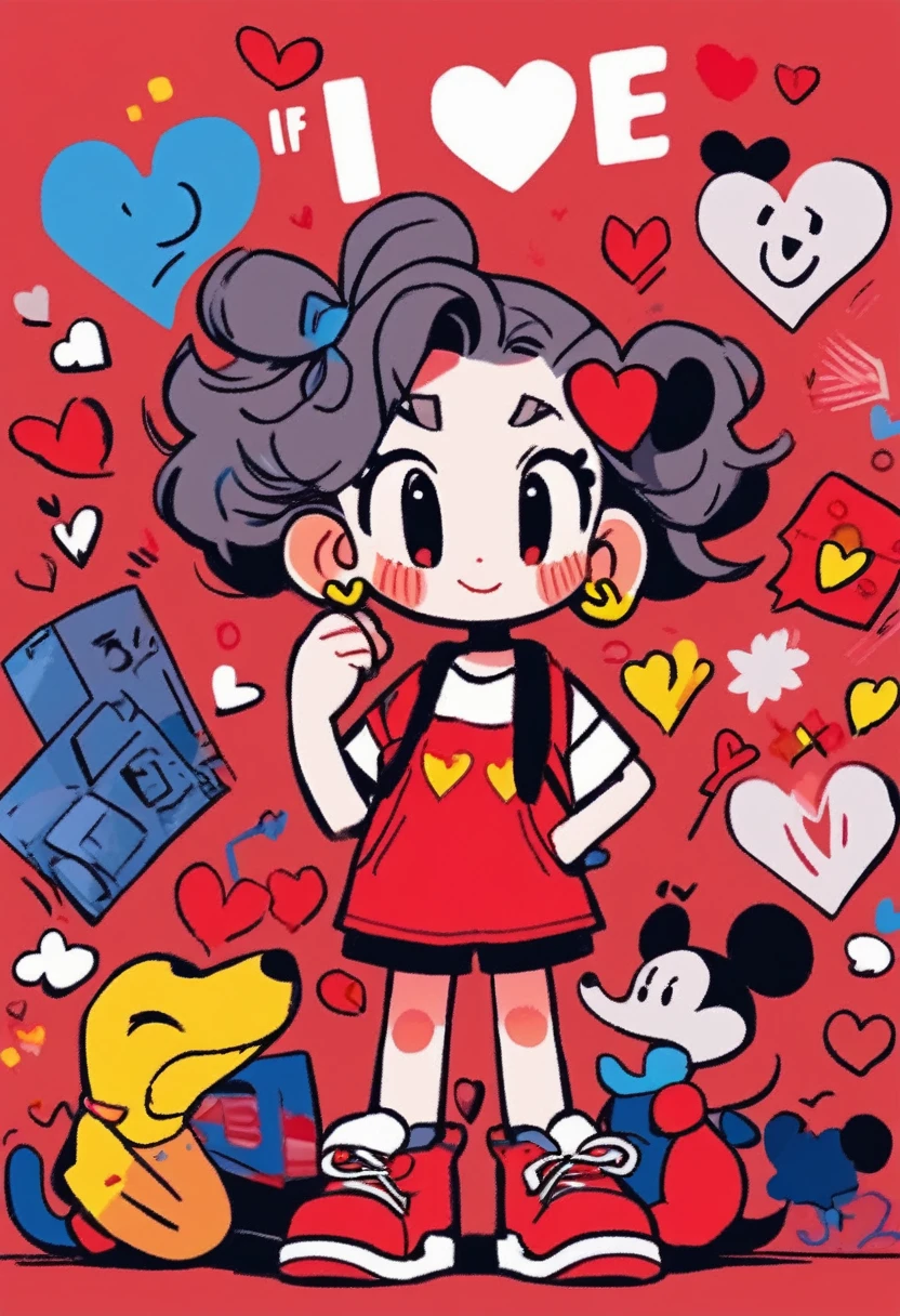 Make a Disney character/pixar as if it were an emotion in the form of a child with heart earrings looking in love heart in the eyes and red clothes features of a  and Disney animation 