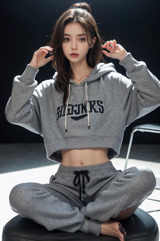 terrible posture, humpback girl, girl, 12 years, Very thin girl, Cozy clothes, Oversized, baggy clothes, Grey tracksuit, Girl sitting on a chair, very bad posture, very short hoodie, terrible posture, sunken tummy, very thin waist, very skinny belly, anorexia, skeletal cattle, very short hoodie, protruding ribs, hands raised up