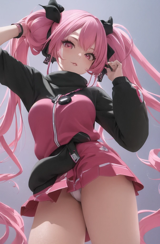 ((masterpiece)), (best quality), (detailed), 1girl,
looking at viewer,  (lipstick:0.75), leaning forward,
long pink hair, twintails,
colorful thighighs,
winter, vivid colors,
 