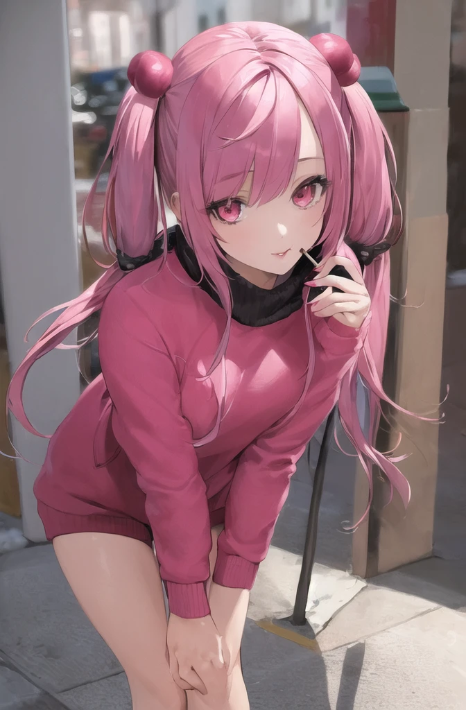 ((masterpiece)), (best quality), (detailed), 1girl,
looking at viewer, (lipstick:0.75), leaning forward,
long pink hair, twintails,
colorful thighighs,
winter, vivid colors,