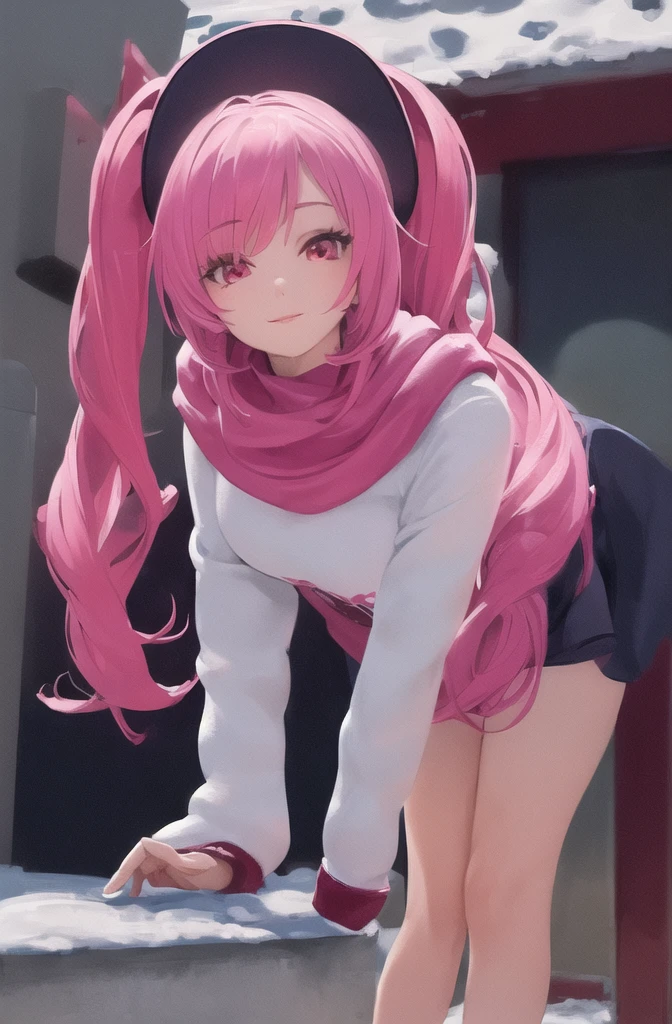 ((masterpiece)), (best quality), (detailed), 1girl,
looking at viewer, (lipstick:0.75), leaning forward,
long pink hair, twintails,
colorful thighighs,
winter, vivid colors,