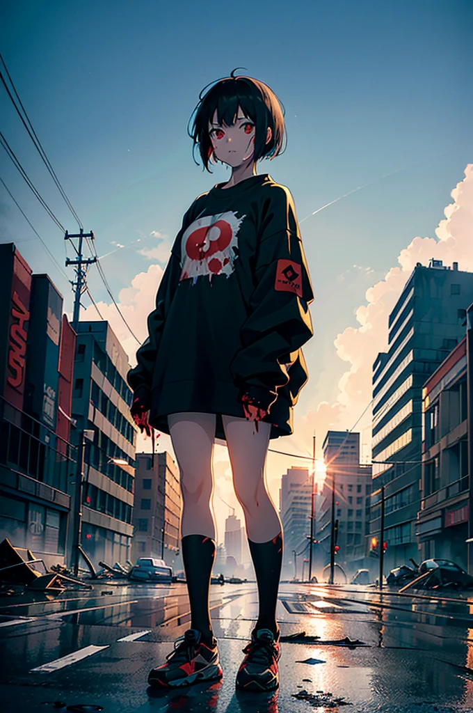 ((1 GIRL)) ((2d anime girl)), ((Japanese)) (( physically mature female)),18-year-old, ((2d anime girl)), ((short dark-haired)), ((windswept hair)) ((ultra high quality))((flawless))((4k UHD)) ((Best Quality)) ((Daytime)) ((eyes glowing red )), wearing a ((black long sleeve shoulderless T-shirt)) with the slogan ((KAIJU))((KAIJU))((KAIJU)) in RED letters, wearing blue jeans and black and yellow sneakers with (((blood splattered))) on it and her face, standing in the street ((facing toward the camera)) in a ((ruined city)) filled with ((heavily damaged)) and worn (( tall skyscrapers with gaping holes in their structures while on fire)) and ((crushed vehicles on fire)) and small and ((raging fires all around)) and an expressionless look on her face, with a giant monster kaiju-beast in the distance looking furocious.