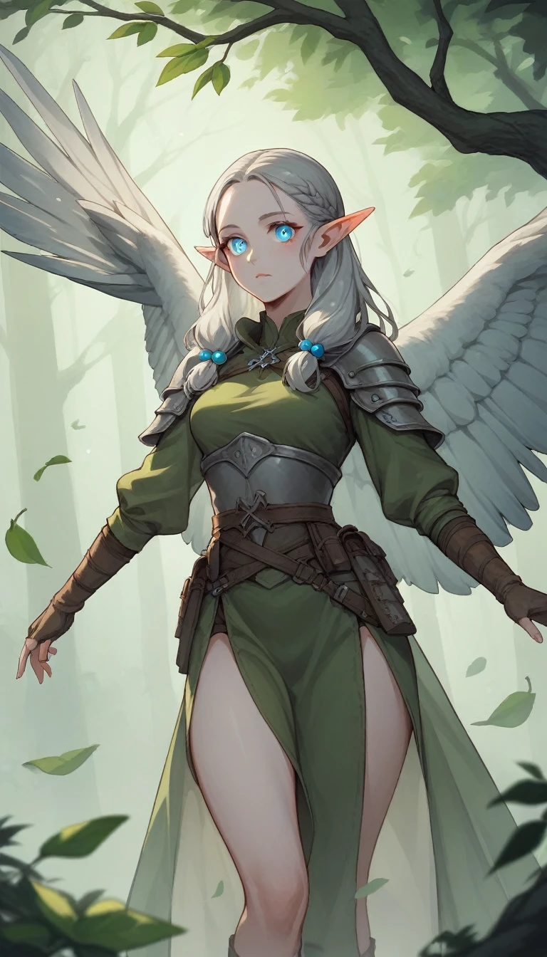 An elf warrior woman with pale skin, snowy-gray hair and round lilac eyes, with pointy ears. She wears a linen outfit with low necklines and parts of her body showing, adjusted to her slender silhouette and has large wings., suitable for flying. She must be in a dark forest setting, with large trees with green foliage.
