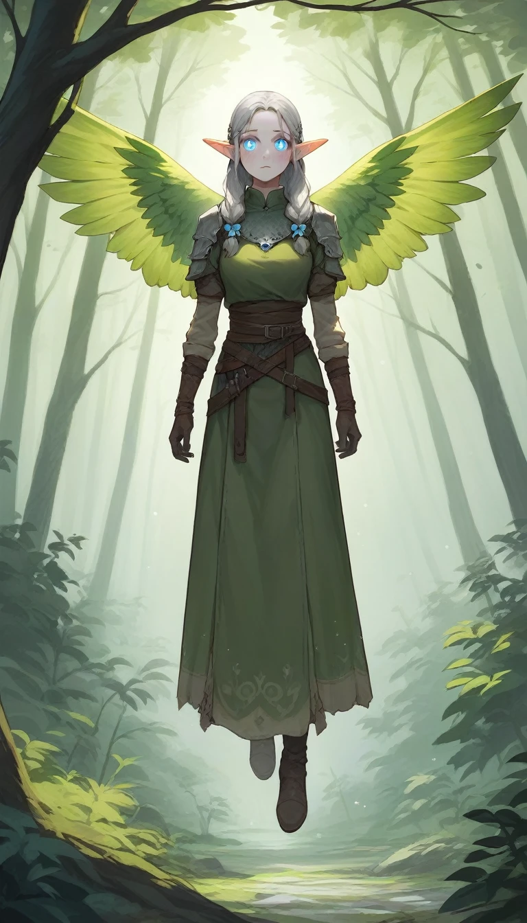An elf warrior woman with pale skin, snowy-gray hair and round lilac eyes, with pointy ears. She wears a linen outfit with low necklines and parts of her body showing, adjusted to her slender silhouette and has large wings., suitable for flying. She must be in a dark forest setting, with large trees with green foliage.