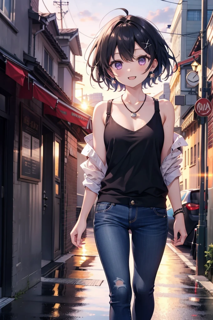 komachihikigaya, komachi hikigaya, short hair, Black Hair, hair ornaments, Ahoge, Hair Clip, x hair ornaments, (Purple eyes:1.1), tooth, happy smile, smile, Open your mouth, black tank top shirt,Locket Necklace,Skinny jeans,Stiletto heels,morning,morning陽,The sun is rising,Walking,whole bodyがイラストに入るように,
break outdoors, Building district,
break looking at viewer,whole body,
break (masterpiece:1.2), Highest quality, High resolution, unity 8k wallpaper, (figure:0.8), (Beautiful attention to detail:1.6), Highly detailed face, Perfect lighting, Highly detailed CG, (Perfect hands, Perfect Anatomy),