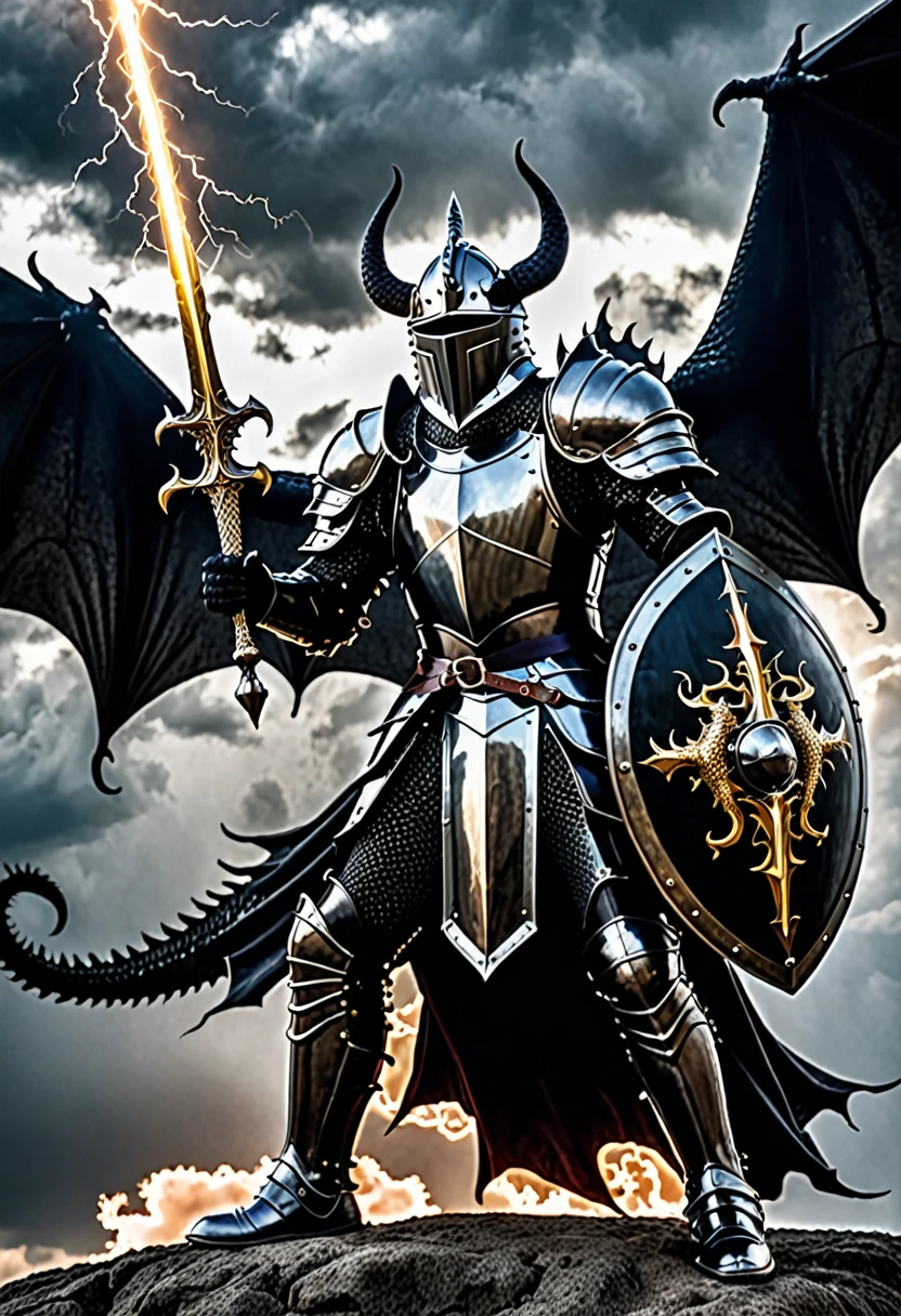 gothic black knight protecting himself with shield from dragon shooting lightening
