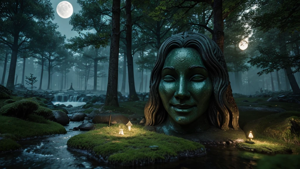 giant beautiful lady stone statue, smiling face, glowing moss, night forest, moon, glowing insects, water stream, hidden abandoned place, dnd, elden ring, fantasy setting, hd, unreal engine render, ray tracing, artstation, medieval setting, magic, closeup look