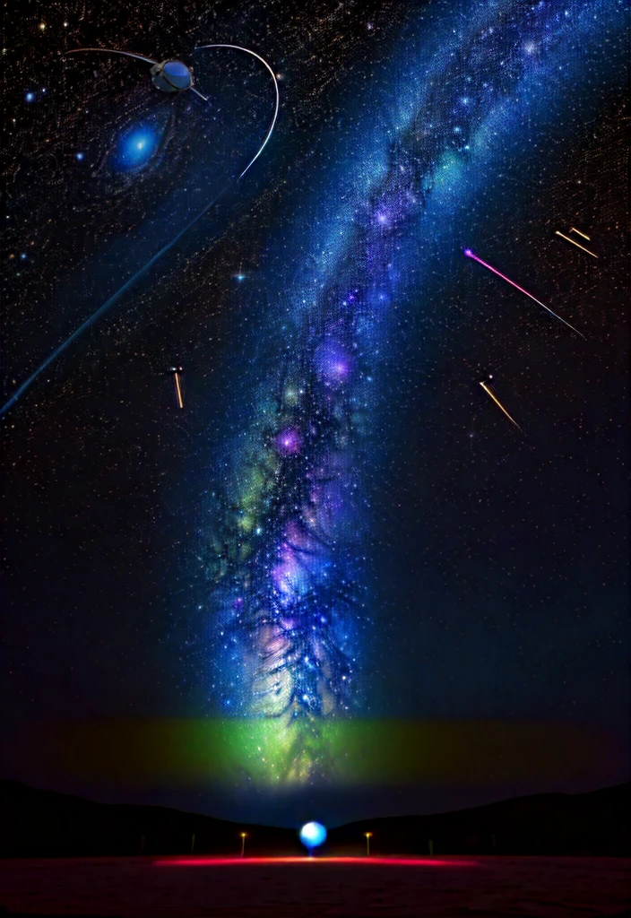 Generate a high-quality image inspired by the work "the starry night" de Vincent van Gogh, with the following specifications:
Night Sky with Swirls and Spirals: Maintain van Gogh's signature style with swirls and swirls of blue and white in the sky. The stars should shine brightly and the crescent moon should be a source of vibrant light.
Modern Additions:
Spacecraft and Satellites: Include small spacecraft and satellites orbiting the Earth. Add a SpaceX rocket heading to Mars.
Drones with LED Lights: Insert small drones flying and creating light patterns with colorful LEDs, forming designs in the sky.
Neon Constellations: Highlight traditional constellations with bright neon lights, like Ursa Major and Orion.