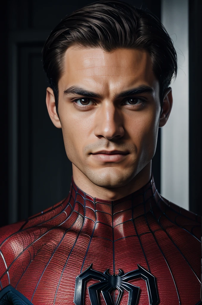 A photo of Spiderman, no mask, the 20s, good looking, detailed face, look into the camera, portrait, 8K UHD, good quality