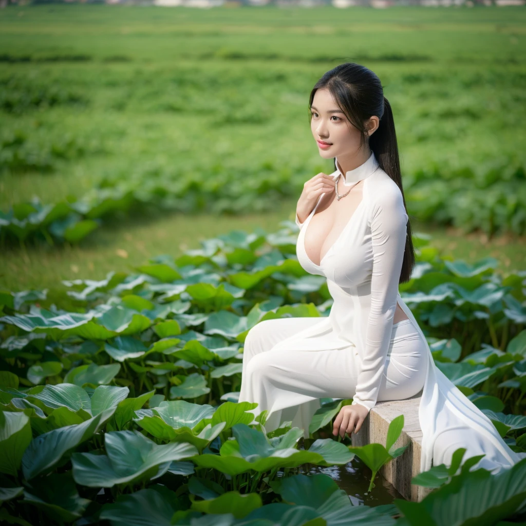 big breasts, round breasts, wearing bra inside ao dai, slim figure, beautiful figure, big breasts, ponytail, sharp 8k quality photo, ((beautiful, sharp, balanced face details) for )), ((beautiful breasts, exposed cleavage, plump body), ((beautiful sparkling eyes, sharp eye details, beautiful face)), sitting in the middle of rice fields, ((super beautiful body with high details , tight body, wide chest, slim waist)), ((thin cleavage, round breasts))