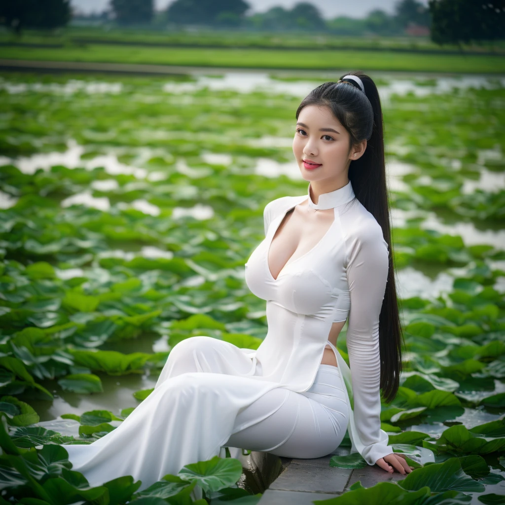 big breasts, round breasts, wearing bra inside ao dai, slim figure, beautiful figure, big breasts, ponytail, sharp 8k quality photo, ((beautiful, sharp, balanced face details) for )), ((beautiful breasts, exposed cleavage, plump body), ((beautiful sparkling eyes, sharp eye details, beautiful face)), sitting in the middle of rice fields, ((super beautiful body with high details , tight body, wide chest, slim waist)), ((thin cleavage, round breasts))