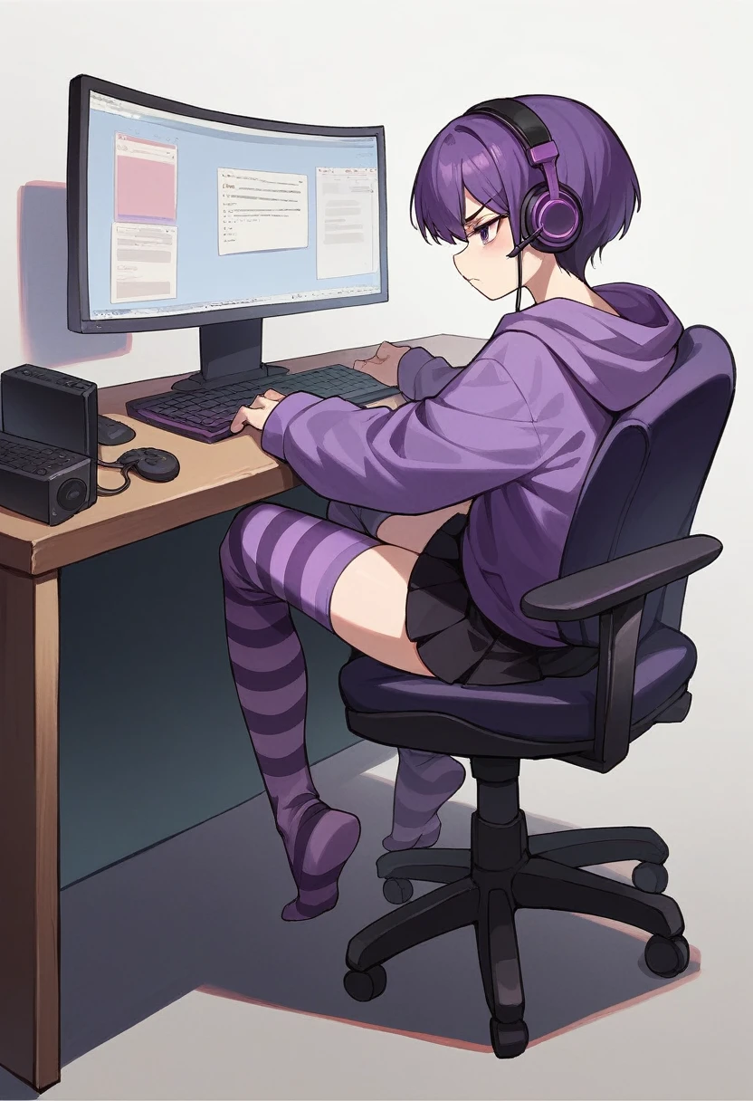 score_9, score_8_up, score_7_up, score_6_up, score_5_up, score_4_up, sideview, sitting on a chair, 20 years old anime girl, purple short hair, purple hoodie, flat chest, black skirt, girl with headphones, girl gaming in front a computer, computer table, grumpy expression, focus on girl, full body, bad back posture, crooked back, Striped high stockings, purple and black striped stockings