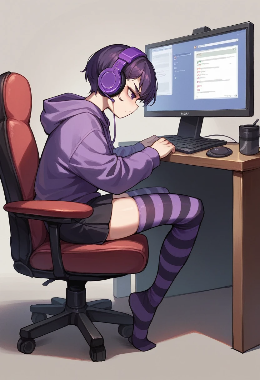 score_9, score_8_up, score_7_up, score_6_up, score_5_up, score_4_up, sideview, sitting on a chair, 20 years old anime girl, purple short hair, purple hoodie, flat chest, black skirt, girl with headphones, girl gaming in front a computer, computer table, grumpy expression, focus on girl, full body, bad back posture, crooked back, Striped high stockings, purple and black striped stockings