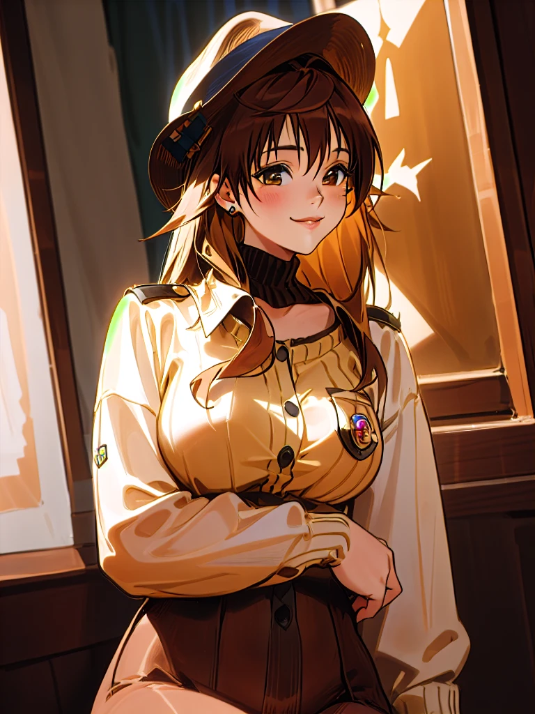 1girl, solo, long_hair, looking_at_viewer, brown_hair, hat, photoshop_(medium), shirt, long_sleeves, original, brown_eyes, jewelry, pantyhose, earrings, indoors, sweater, lips, leaning_forward, realistic, badge, real_life, button_badge, smiley_face