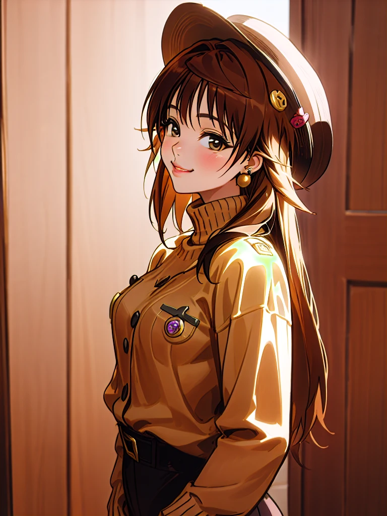 1girl, solo, long_hair, looking_at_viewer, brown_hair, hat, photoshop_(medium), shirt, long_sleeves, original, brown_eyes, jewelry, pantyhose, earrings, indoors, sweater, lips, leaning_forward, realistic, badge, real_life, button_badge, smiley_face