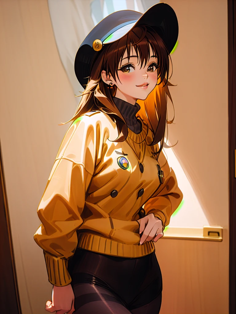 1girl, solo, long_hair, looking_at_viewer, brown_hair, hat, photoshop_(medium), shirt, long_sleeves, original, brown_eyes, jewelry, pantyhose, earrings, indoors, sweater, lips, leaning_forward, realistic, badge, real_life, button_badge, smiley_face