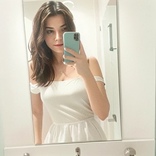 woman taking a selfie in a bathroom mirror, facing camera