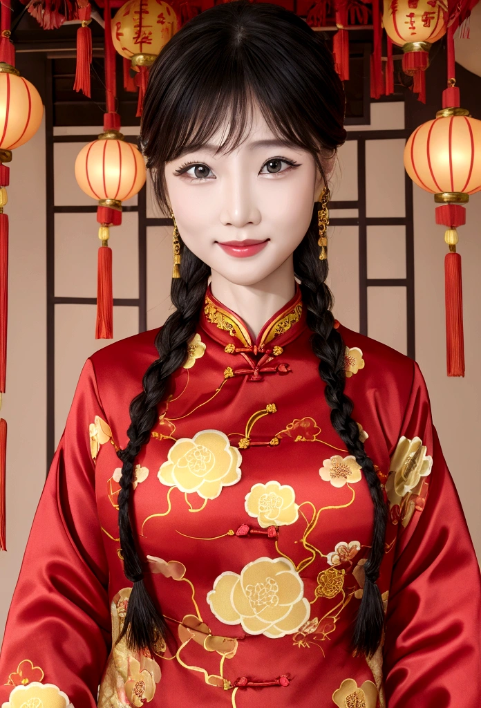 Eyes are very fragile，Double braids with cheongsam，Chinese New Year Decorations（（Smiling artwork）））， （（best quality））， （（Intricate details））， （（Surreal））（8K）