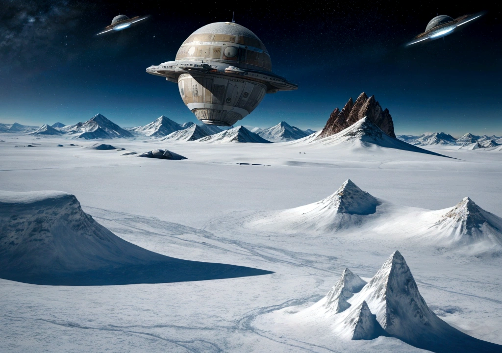 realistic photo on an extraterrestrial planet, natta, mountains with snow, another planet in the background on the horizon and a Star Wars destroyer spaceship in orbit with antennas transmitting electromagnetic waves,