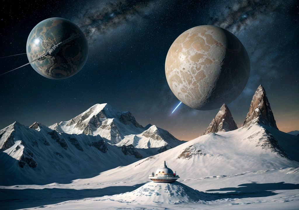 realistic photo on an extraterrestrial planet, natta, mountains with snow, another planet in the background on the horizon and a Star Wars destroyer spaceship in orbit with antennas transmitting electromagnetic waves,