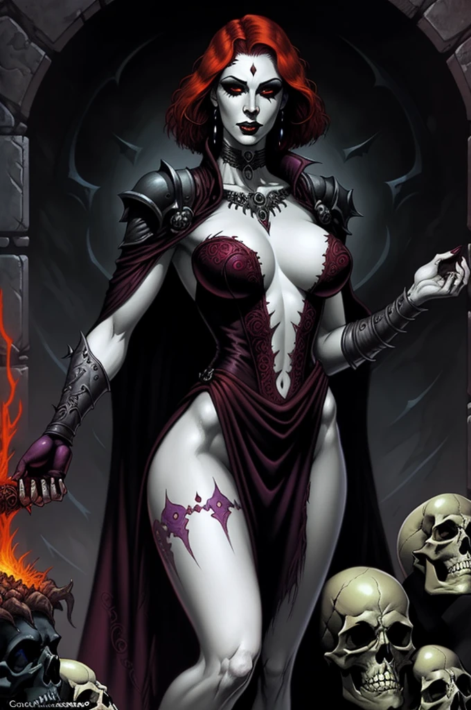 Fantasy Female Necromancer with pale skin and short red hair , clyde caldwell, dark mascara, heavy makeup, skulls