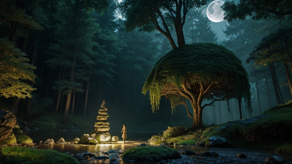 giant beautiful lady stone statue, glowing moss, night forest, moon, glowing insects, water stream, hidden abandoned place, dnd, elden ring, fantasy setting, hd, unreal engine render, ray tracing, artstation, medieval setting, magic, closeup look