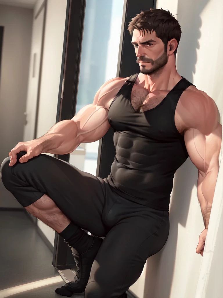 1 male, Chris Redfield 50 yo, male focus, beard,muscular male, short hair, pushed back hair style, mature male, (black tank top:1.3), pectoral cleavage, mustache, brown hair, hand on chest, indoors, blue eyes, chest hair, covered abs, muscled legs, big feets, hairy legs, window, door,black briefs, wearing no shoe, black socks(black socks:1.3), full body shot, bulge, focus on socks