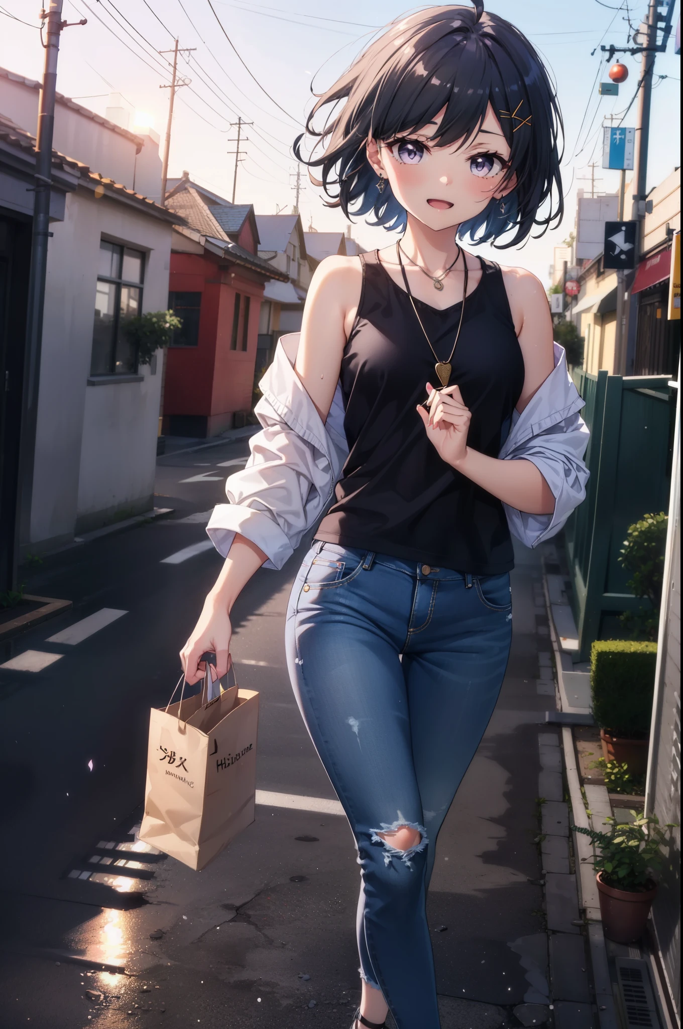 komachihikigaya, komachi hikigaya, short hair, Black Hair, hair ornaments, Ahoge, Hair Clip, x hair ornaments, (Purple eyes:1.1), tooth, happy smile, smile, Open your mouth, black tank top shirt,Locket Necklace,Skinny jeans,Stiletto heels,morning,morning陽,The sun is rising,Walking,whole bodyがイラストに入るように,
break outdoors, Building district,
break looking at viewer,whole body,
break (masterpiece:1.2), Highest quality, High resolution, unity 8k wallpaper, (figure:0.8), (Beautiful attention to detail:1.6), Highly detailed face, Perfect lighting, Highly detailed CG, (Perfect hands, Perfect Anatomy),