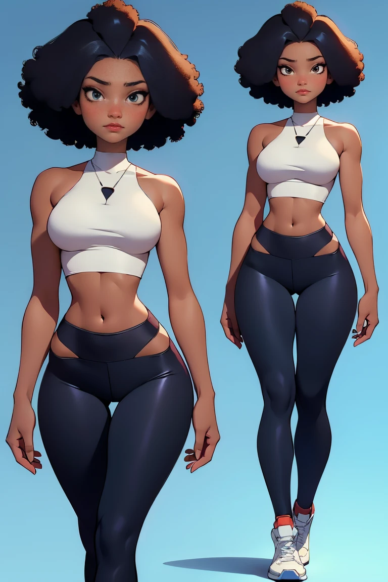 afro american girl, dark skin, behind view, afro haircut, 1 girl, solo, (black leggins) (crop tank top low neckline), sleveless, medium perky , wide hips