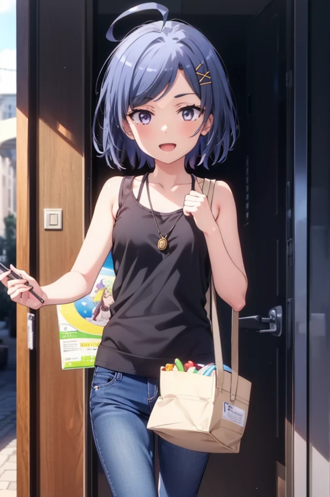 komachihikigaya, komachi hikigaya, short hair, Black Hair, hair ornaments, Ahoge, Hair Clip, x hair ornaments, (Purple eyes:1.1), tooth, happy smile, smile, Open your mouth, black tank top shirt,Locket Necklace,Skinny jeans,Stiletto heels,morning,morning陽,The sun is rising,Walking,whole bodyがイラストに入るように,
break outdoors, Building district,
break looking at viewer,whole body,
break (masterpiece:1.2), Highest quality, High resolution, unity 8k wallpaper, (figure:0.8), (Beautiful attention to detail:1.6), Highly detailed face, Perfect lighting, Highly detailed CG, (Perfect hands, Perfect Anatomy),
