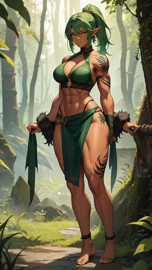 Green hair, Red skin，black tattoo, Pointed ears,， Busty female orc，muscle，Abdominal muscles，animal skin top，cleavage，animal skin skirt，Thin legs，barefoot，Standing，forest