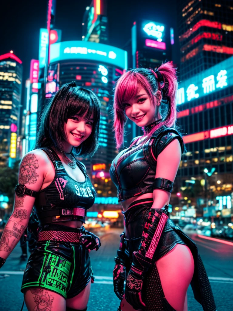 Masterpiece, Best Quality, 2 ((smiling)) cyberpunk girls standing together, Harajuku inspired cyberpunk body harness, bold colors and patterns, Eye-catching accessories, Modern and innovative hairstyle, dazzling cyberpunk cityscape, skyscraper, bright neon signs, Luces led, animated illustration, detailed skin texture, detailed fabric texture, beautiful detailed face, intricate details, ultra detailed, cinematic lighting, strong contrast.