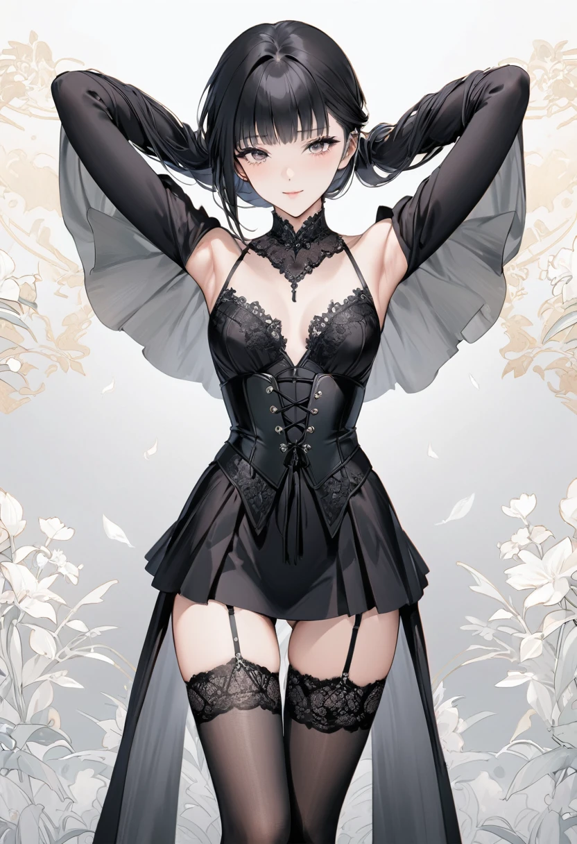 ((Top quality, masterpiece, freak, super resolution)), 1 girl, Japanese model,,Smooth black hair,The woman wears a bodysuit-style covering (corset dress) from the chest to the hips. The neckline is a deep V-cut with straps and the skirt is decorated with short tulle frills. The corset also has a garter belt. ((Base colour is white with black transparent lace on the front)). The front centre of the corset is decorated with delicate black floral lace and a white ribbon. The skirt is ruffled with transparent tulle and is light. The stockings are also black lace. The contrast between black and white is beautiful and the delicate lace and tulle details emphasise the elegant and sexy atmosphere.

