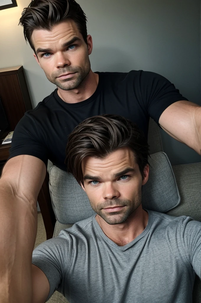 Hyperrealistic photograph of Daniel Gillies taking a selfie.