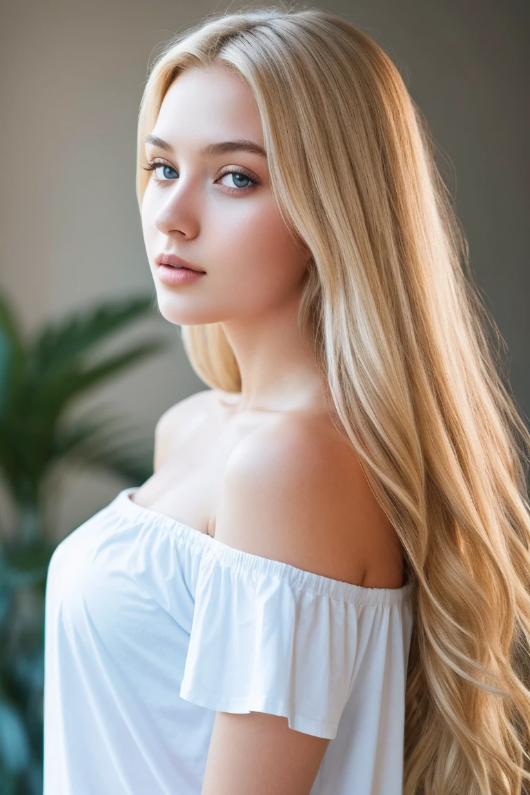 1 girl, Age 19, alone, long hair, giant , looking at viewer, blonde hair, bare shoulders, jewel-like, whole body, (Highly detailed 8K wallpapers), soft lighting, high quality, film grain, Fujifilm XT3 Sharp Focus, f 5.6, high detail, sharp focus,(natural light), (enlargement:1.2), (fascinating), off shoulder t-shirt, realistic, sexy