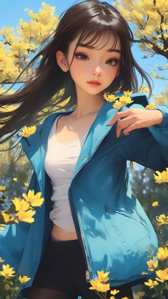 An incredibly charming  carrying a backpack, accompanied by her adorable puppy, enjoying a lovely spring outing surrounded by beautiful yellow flowers and natural scenery. The illustration is in high definition at 4k resolution, with highly-detailed facial features and cartoon-style visuals, (Butterfly Dance)