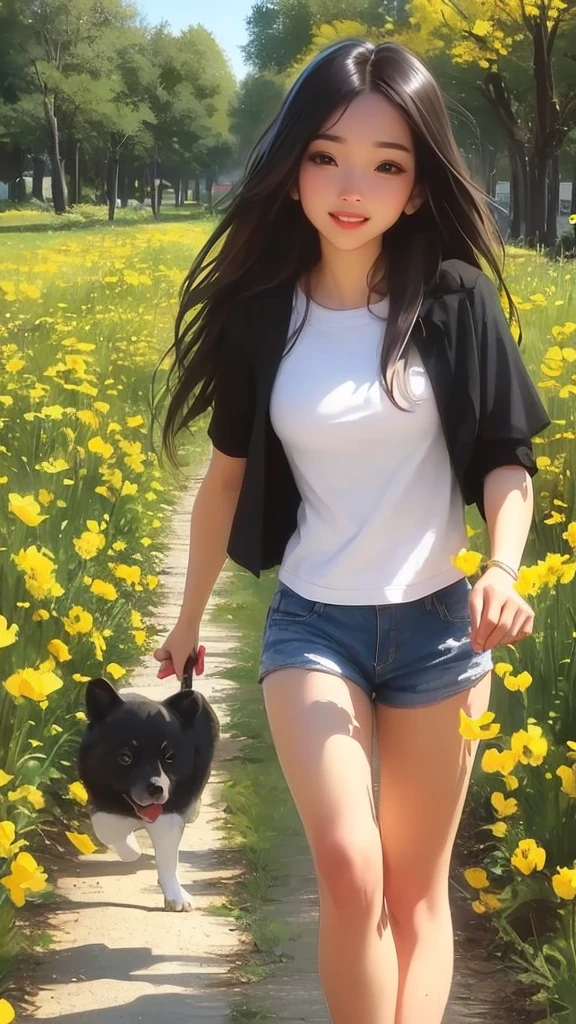 An incredibly charming  carrying a backpack, accompanied by her adorable puppy, enjoying a lovely spring outing surrounded by beautiful yellow flowers and natural scenery. The illustration is in high definition at 4k resolution, with highly-detailed facial features and cartoon-style visuals, (Butterfly Dance)