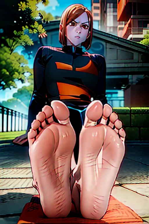 nobara, brown bob hair, orange eyes, long eyelashes, unparalleled beauty, extremely long soles, titan soles, titan feet, extremely long feet, super long soles and toes, correct foot anatomy, correct body anatomy, perfect body, perfect feet