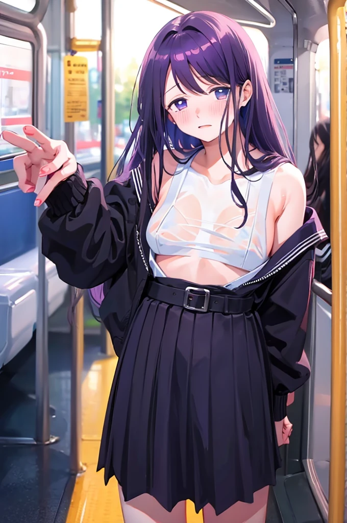 1 boy, pov hands, grab breasts、、1 boy, pov hands, grab breasts、Small breasts、手でHide、hand bra、school uniform、Hide、Black Skirt、Blushing、school uniform、Embarrassed expression、日本の、Black Skirt、Not wearing a bra、Light purple hair、Semi-long hair、Pale purple eyes、、Blushing、lipstick、Perfect hands、Detailed hands、on the train、、hand bra、toilet