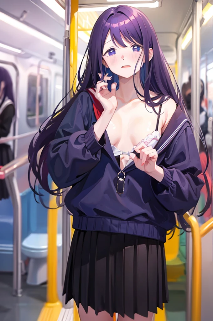 1 boy, pov hands, grab 、、1 boy, pov hands, grab breastsbreasts、手でHidera、school uniform、Hide、Black Skirt、Blushing、school uniform、Embarrassed expression、日本の、Black Skirt、Not wearing a bra、Light purple hair、Semi-long hair、Pale purple eyes、、Blushing、lipstick、Perfect hands、Detailed hands、on the train、、hand bra、toilet