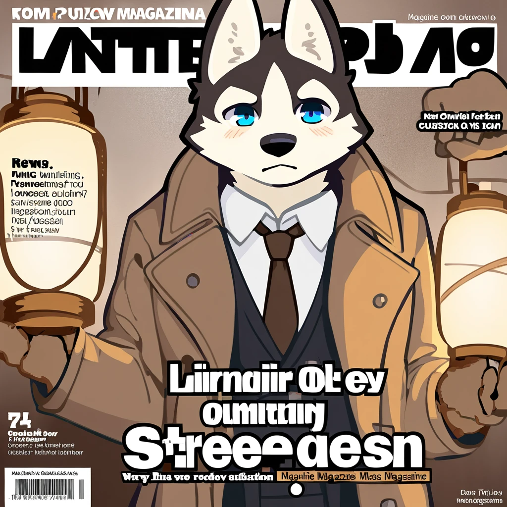 ((magazine cover)), perfect anatomy, furry, male, (dog), husky, kemono, 1boy, solo, ((clothed)), (brown_trenchcoat), brown_tie, ((holding_lantern_with_one_hand)), swinging lantern, model, multicolored fur, ((stressed_expression)), (detailed eyes), portrait, lorum_ipsum_text,