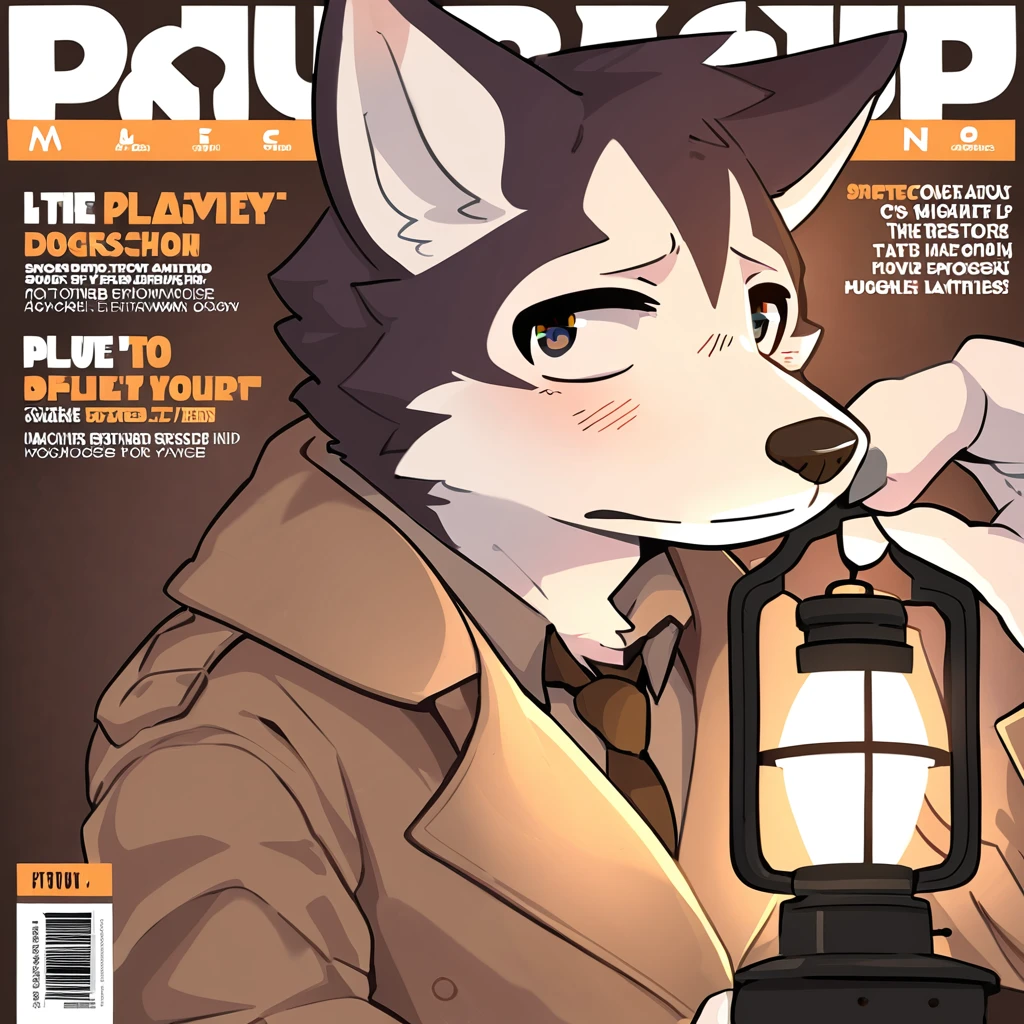 ((magazine cover)), perfect anatomy, furry, male, (dog), husky, kemono, 1boy, solo, ((clothed)), (brown_trenchcoat), brown_tie, ((holding_lantern_with_one_hand)), swinging lantern, model, multicolored fur, ((stressed_expression)), (detailed eyes), portrait, lorum_ipsum_text,
