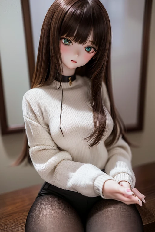 photorealistic, realistic photo, ((highest quality)), ((masterpiece)), detailed, kukolnydom, doll, (mature woman, 22yo, 22 years old:1.6), solo, ((cowboy shot, sitting on desk, skinny, slender, slim, parted lips)), green eyes, brown hair, (looking down, blank eyes, empty eyes, detailed eyes, detailed face:1.3), dress, museum, 8k