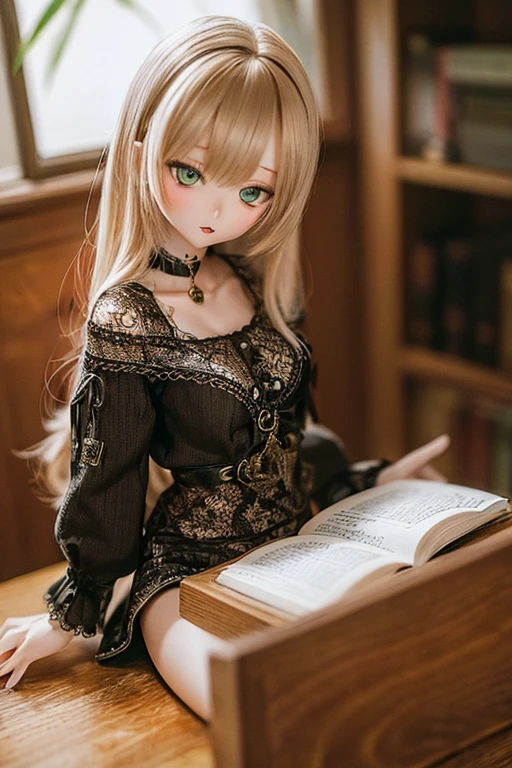 photorealistic, realistic photo, ((highest quality)), ((masterpiece)), detailed, kukolnydom, doll, (mature woman, 22yo, 22 years old:1.6), solo, ((cowboy shot, sitting on desk, skinny, slender, slim, parted lips)), green eyes, brown hair, (looking down, blank eyes, empty eyes, detailed eyes, detailed face:1.3), dress, museum, 8k