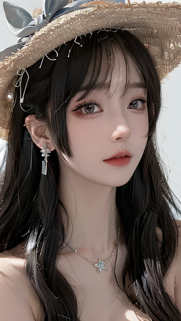 Lovely, ultra-detailed, illustration, complex, detailed, extremely detailed, detailed face, Soft Lighting, Soft Light, Soft Focus, Perfect face, beautiful, Accurate anatomy, Overexposure, 8K, 4K, (high resolution:1.1), best quality, (masterpiece:1.3), 1 Girl, Solitary, Jewelry, Brown eyes, Looking at the audience, earrings, Gray hair, Bangs, Necklace, Shut up, portrait, watch, Hair accessories, Simple background, Gray background, Long hair, Headrest, Lips, hair bow, black Necklace, bow, eyelash