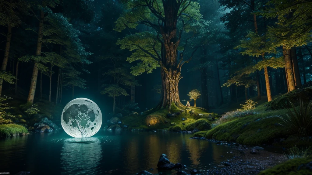 giant beautiful lady stone statue, glowing moss, night forest, moon, glowing insects, water stream, hidden abandoned place, dnd, elden ring, fantasy setting, hd, unreal engine render, ray tracing, artstation, medieval setting, magic, closeup look on the statue